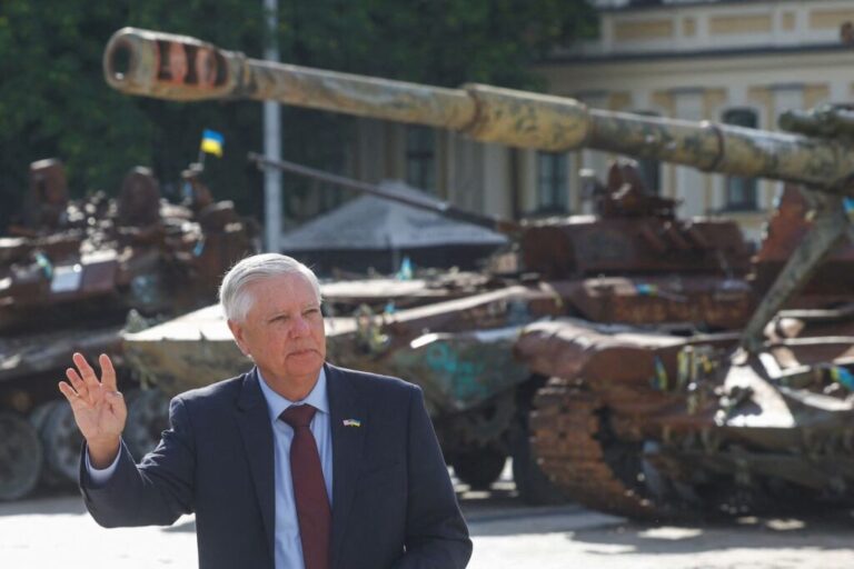 Sen. Lindsey Graham speaking to the media after his meeting with Ukraine's President Volodymyr Zelenskiy, in Kyiv, Ukraine, on July 10.