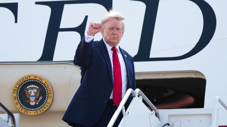 JOINT BASE ANDREWS, MARYLAND - JULY 01: U.S. President Donald Trump boards Air Force One on July 01, 2026 at Joint Base Andrews, Maryland. Trump is traveling to North Dakota to attend the Theodore Roosevelt Presidential Library dedication on his first trip using the new Air Force One aircraft gifted to the U.S. by Qatar's government. (Photo by Andrew Harnik/Getty Images)