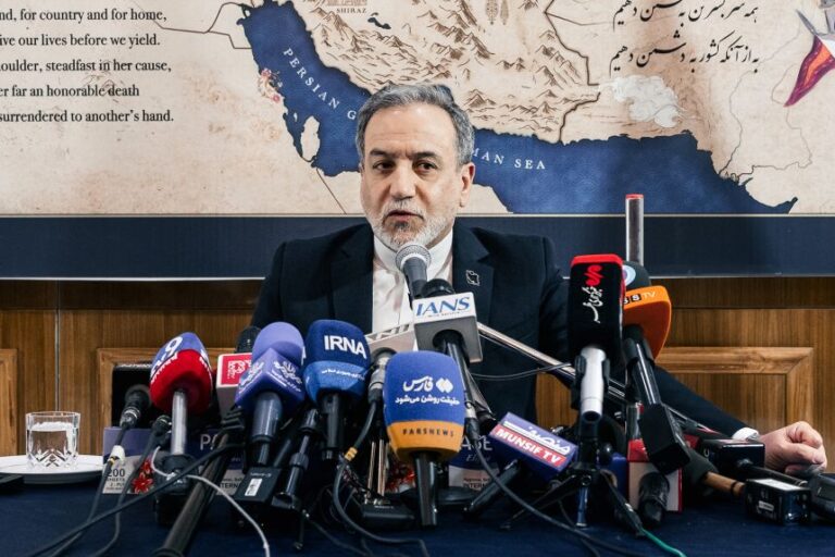 Iran's Foreign Minister Abbas Araghchi attends a press conference at the Iranian embassy on May 15, 2026 in New Delhi, India.