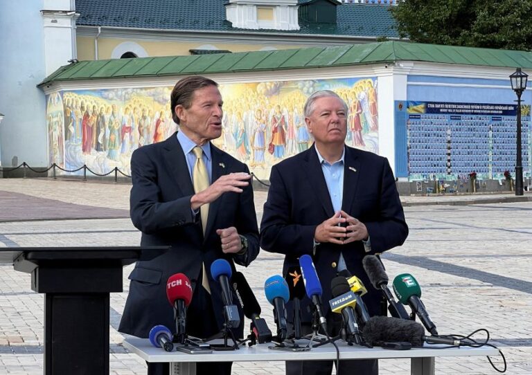 Sen. Lindsey Graham and Sen. Richard Blumenthal attend a joint press conference in Kyiv, Ukraine, on May 30, 2025.