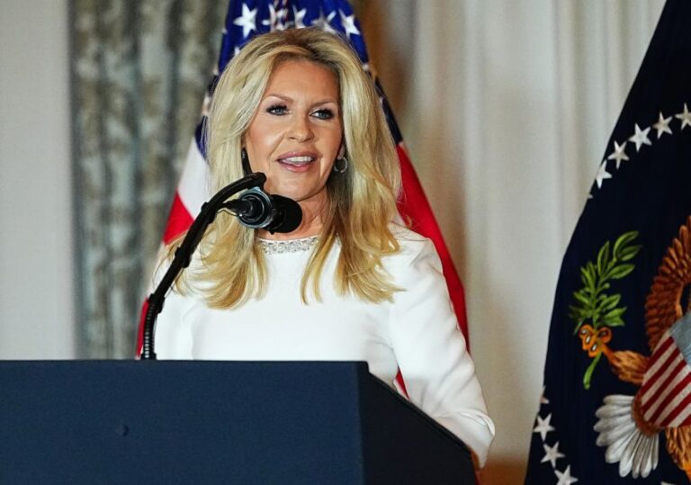 Monica Crowley, Chief of Protocol of the United States, speaks at the State Department Kennedy Center Honors medal presentation dinner at the US Department of State on December 6, 2025.