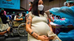 BANGKOK, THAILAND - AUGUST 30: A pregnant woman receives her first dose of the Pfizer Vaccine at Central Westgate Mall on August 30, 2021 in Bangkok, Thailand. High risk Nonthaburi Province residents, who registered via the