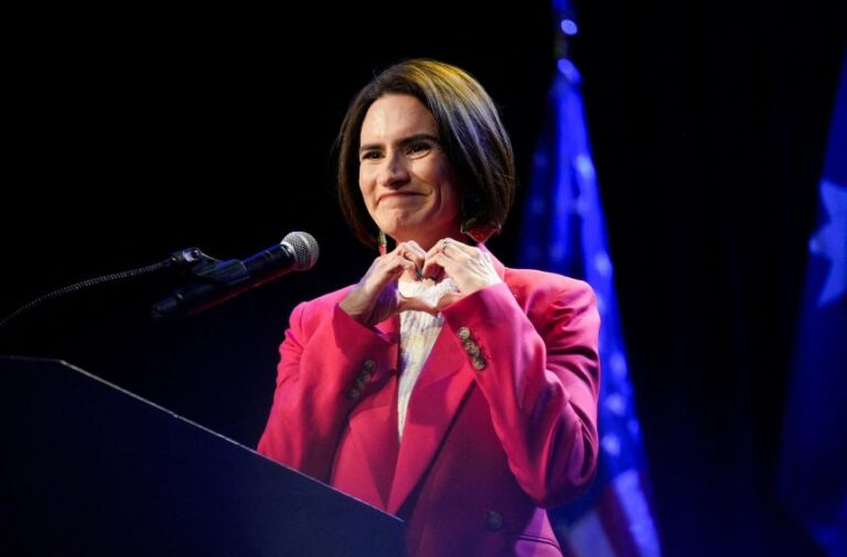 Democratic Senate candidate and lieutenant governor of Minnesota Peggy Flanagan gestures on stage during an election night rally, after news organizations projected a win for her in the primary election in Minneapolis, Minnesota, on August 11, 2026.