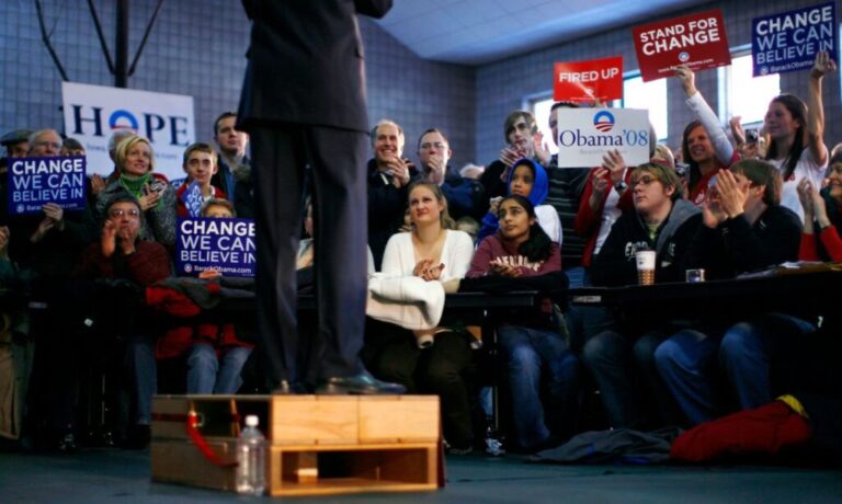 In this 2008 photo, then-Democratic presidential candidate US Sen. Barack Obama speaks to supporters during a campaign rally at Friendly House gymnasium in Davenport, Iowa.