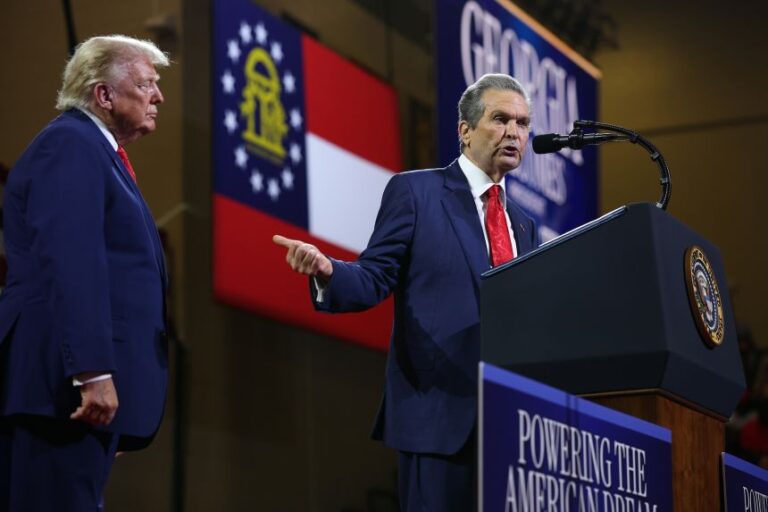 Republican gubernatorial nominee Rick Jackson speaks alongside President Donald Trump at Wheeler High School in Marietta, Georgia, on July 22, 2026.
