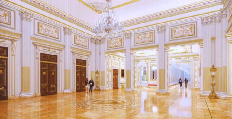 This rendering from court documents shows inside the proposed ballroom of the East Wing of the White House.