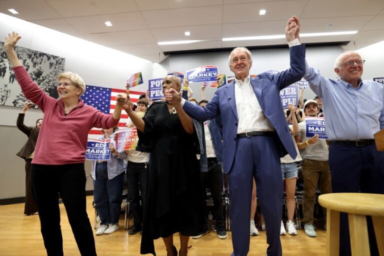 Sen. Elizabeth Warren, Rep. Ayanna Pressley, Sen. Ed Markey, and Sen. Bernie Sanders, left to right, wave to attendees during a Get Out the Vote event supporting Markey, Saturday, August 29, 2026 in Boston.
