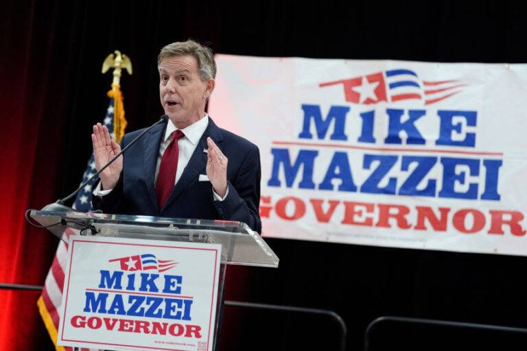 Mike Mazzei addresses the crowd at a watch party in Tulsa, Oklahoma, on on August 25, 2026.