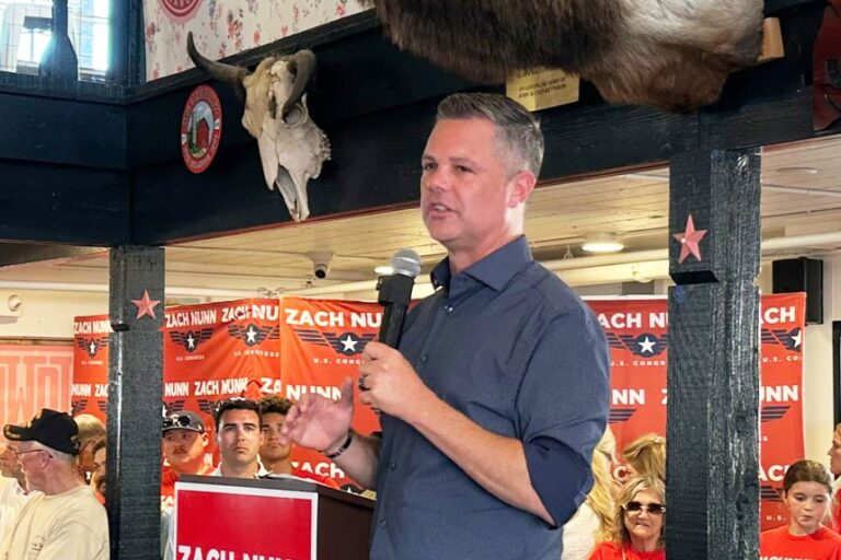 Rep. Zach Nunn speaks at a campaign eventon Monday, August 17, at the Iowa State Fair in Des Moines, Iowa. (