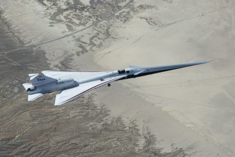NASA’s X-59 quiet supersonic jet flies over the Mojave Desert during its third flight in March.