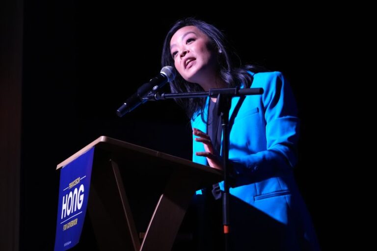 Democratic gubernatorial candidate Francesca Hong speaks during a primary election night watch party in Madison, Wisconsin, on August 11, 2026.