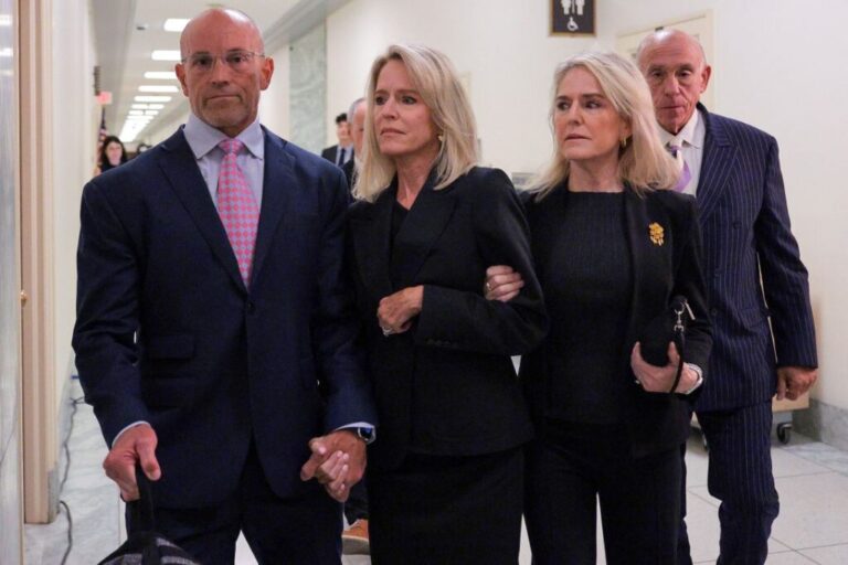 Lesley Groff, center, a former assistant to Jeffrey Epstein, arrives to testify at a closed-door interview with the House Oversight Committee on June 9.