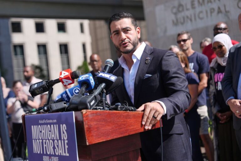 Abdul El-Sayed speaks during a news conference at the Spirit of Detroit shortly after winning the Democratic nomination for US Senate in Michigan, on August 5 in Detroit.