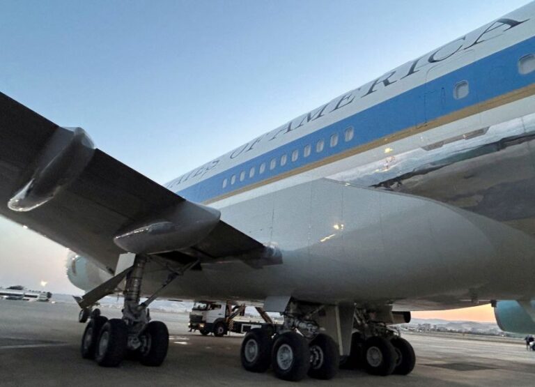 A catering truck is parked next to Air Force One before President Donald Trump's departure from Ankara, Turkey, to Washington, DC, on July 8.