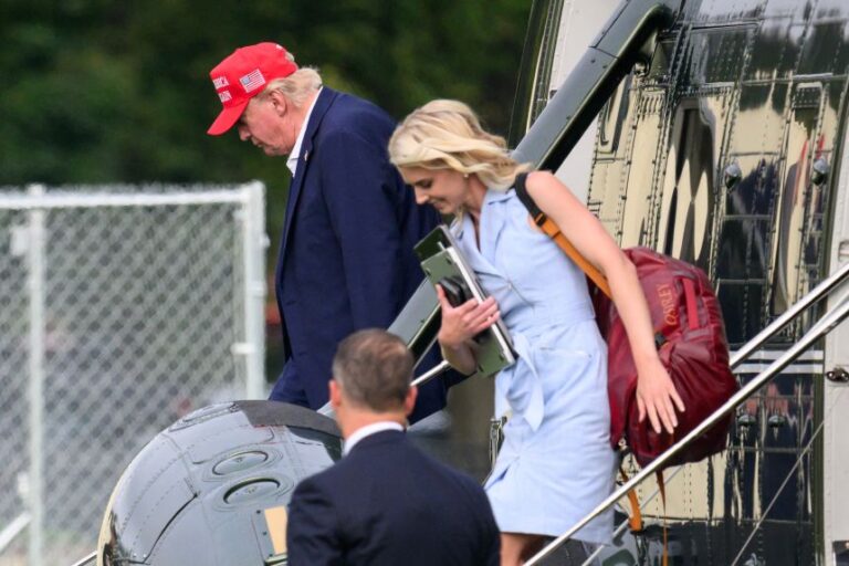 US President Donald Trump and aide Natalie Harp exit Marine One on the Ellipse near the White House on August 16, 2026.
