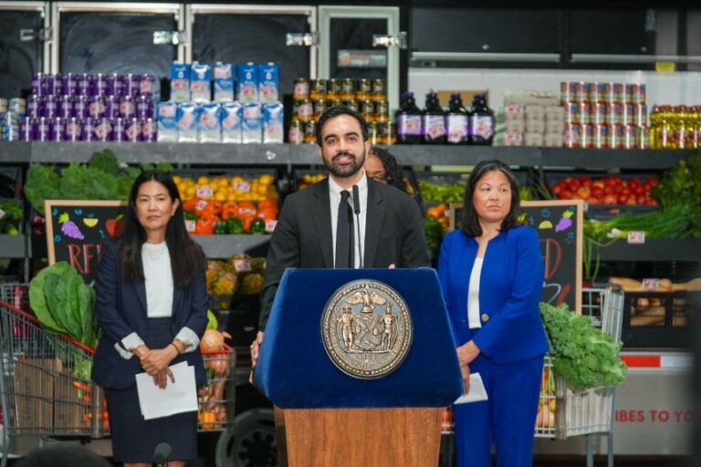 New York Mayor Zohran Mamdani speaks about a discounted grocery plan for city-run municipal grocery stores, in the Brooklyn borough of New York, on July 27.