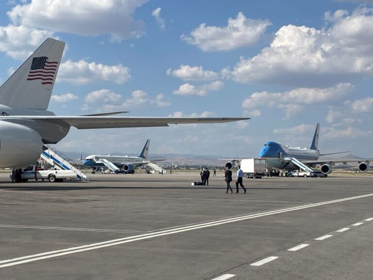 This photo from ABC transmission pool cameraman Nicky de Blois shows the tail of President Donald Trump's new Air Force One in the foreground, the old Air Force One to the right, and a small plane in between them on July 7, 2026, in Ankara, Turkey.