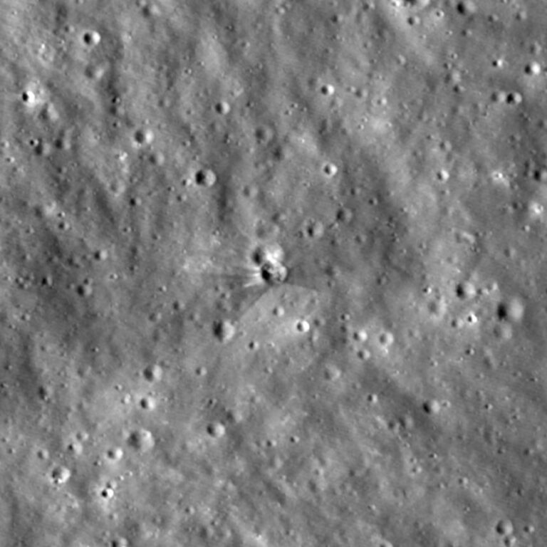 After view of the crater formed after a Falcon 9 upper stage struck the moon’s surface on August 5. These images were taken between August 11 and 12 by the Narrow-Angle Camera on NASA’s Lunar Reconnaissance Orbiter.