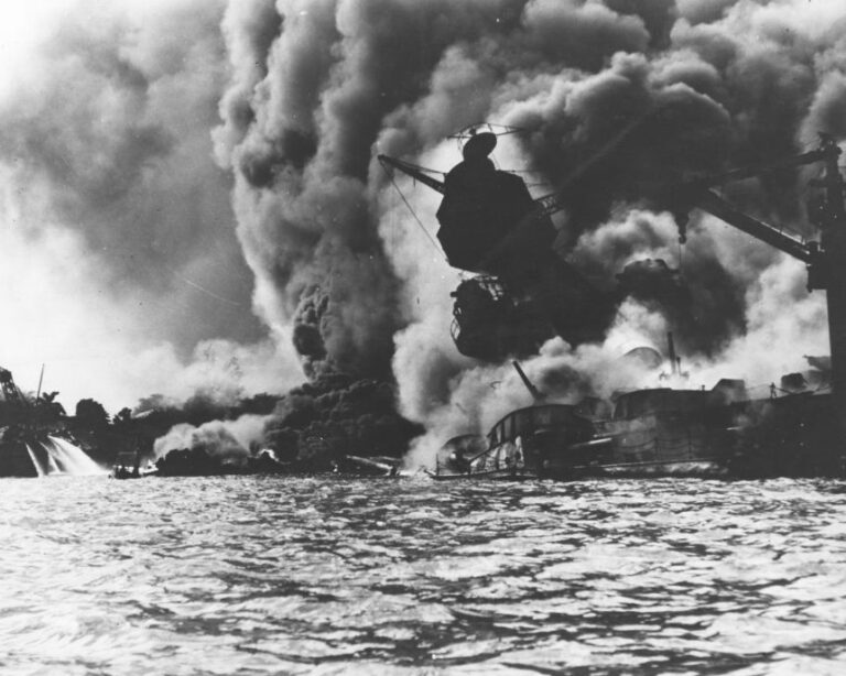 The USS Arizona is seen during the Japanese attack on Pearl Harbor.