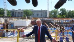 President Donald Trump speaks as he tours Ballroom construction around the outside the White House, Tuesday, May 19 in Washington, DC.