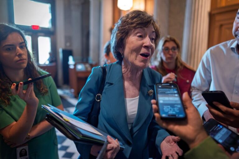 Sen. Susan Collins, speaks to reporters at the US Capitol on July 14.