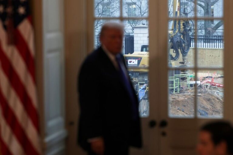President Donald Trump views construction of his White House ballroom during a meeting with oil and gas executives in the East Room of the White House on January 9, in Washington, DC.