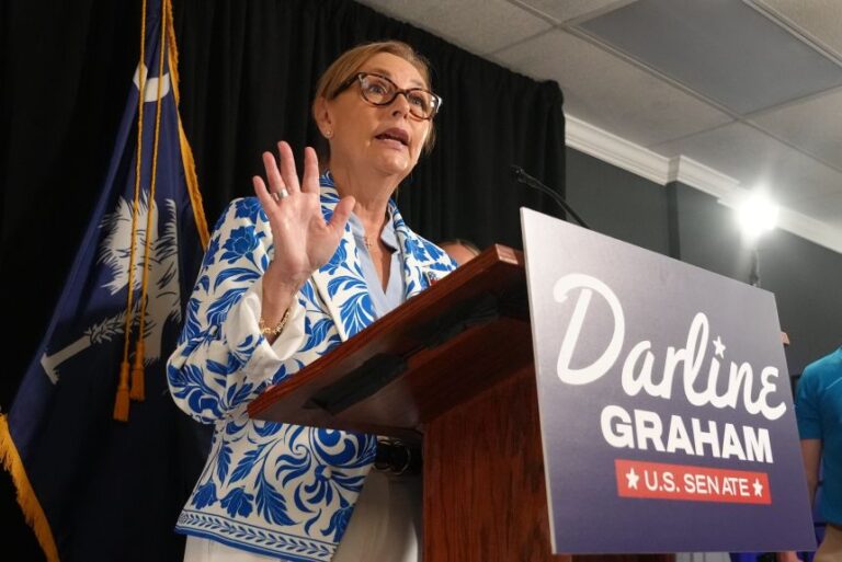 Darline Graham speaks with reporters after advancing to a special GOP Senate primary runoff to replace Sen. Lindsey Graham in Columbia, South Carolina, on August 11, 2026.