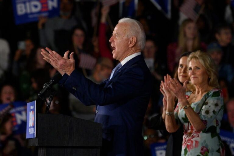 Joe Biden, accompanied by his daughter Ashley Biden and wife Jill Biden, delivers remarks at his primary night election event in Columbia, South Carolina, on February 29, 2020.