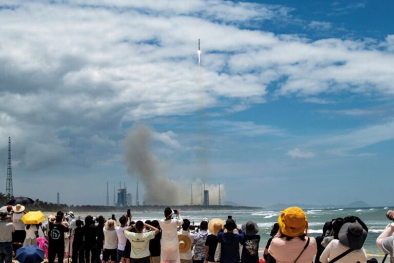 A Long March-10B carrier rocket blasts off from the Hainan commercial spacecraft launch site in Wenchang, in China's Hainan province, in July.