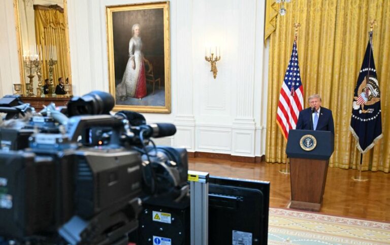 President Donald Trump speaks about election security during an address to the nation from the East Room of the White House on July 16.