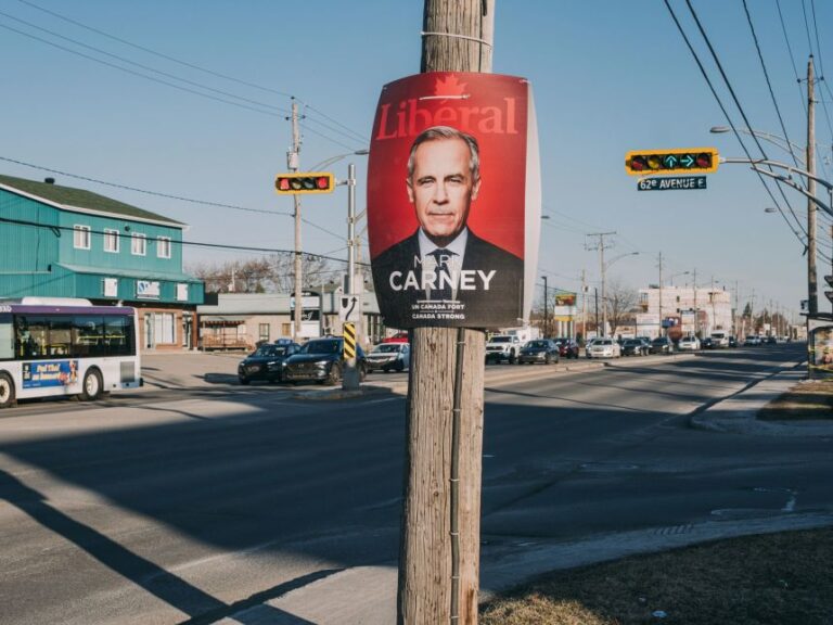 A poster for Mark Carney in Blainville, Canada, in April 2025.