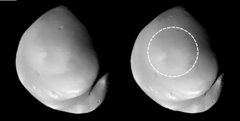 An ancient impact can be seen under the surface dust layer on Deimos.