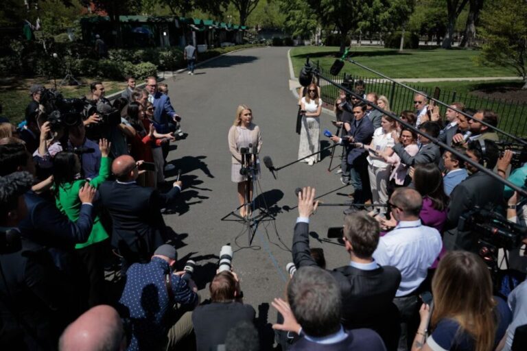 White House press secretary Karoline Leavitt talks to reporters on the driveway outside the West Wing on April 23, 2025.