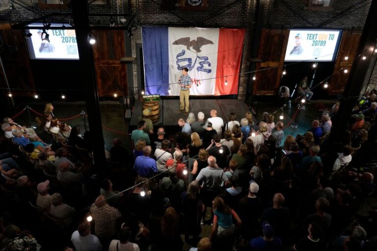 Rob Sand speaks during a campaign rally in Des Moines, on June 7.