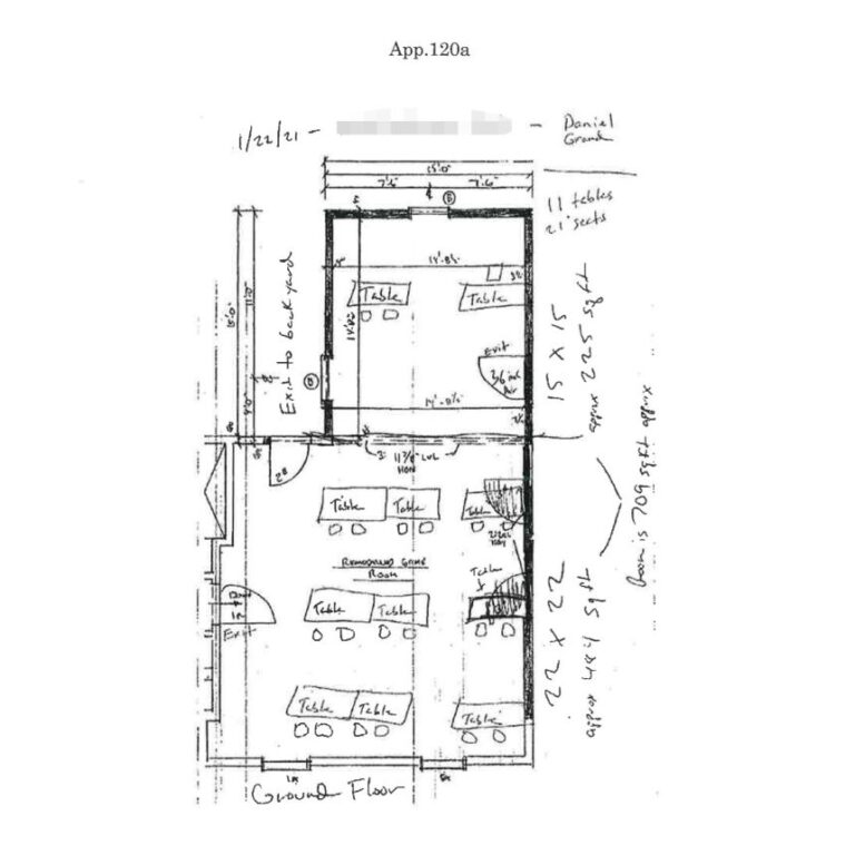 A hand-drawn map of Daniel Grand’s planned prayer room in his home. CNN has blurred a portion of the image to hide Grand’s address.