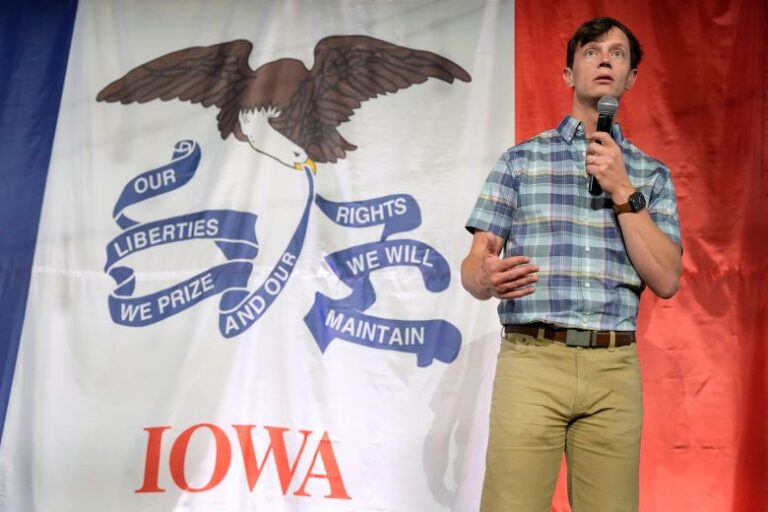 Rob Sand speaks during a campaign rally, in Des Moines, on June 7.