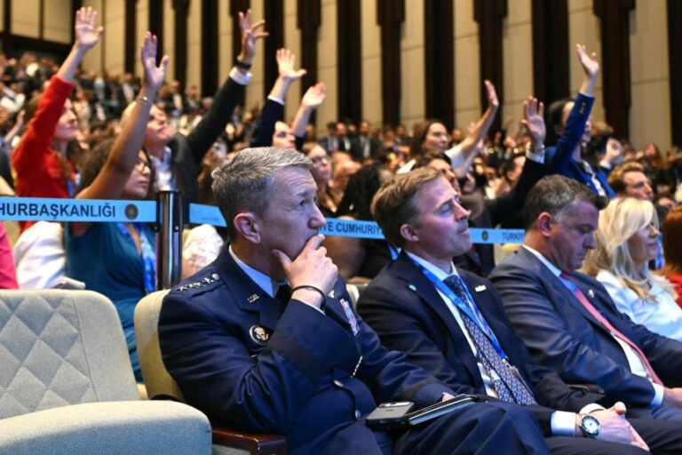 Gen. Dan Caine, chairman of the Joint Chiefs of Staff, listens to the president speak to the press during a NATO Summit in Ankara, Turkey, on July 8.