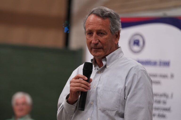 Mark Sanford speaks to voters he campaigns for the US House in Summerville, South Carolina, in April.