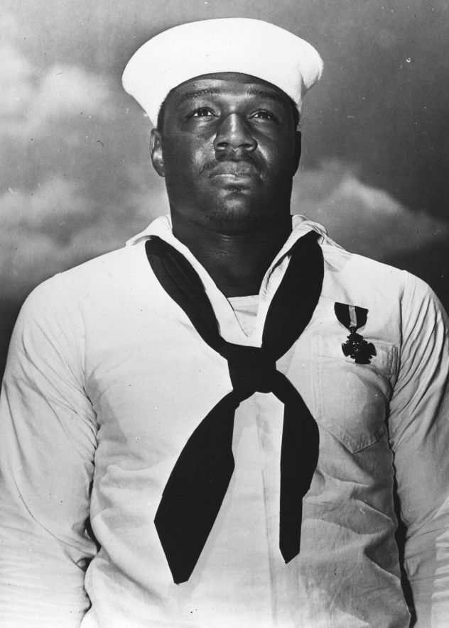A portrait of Doris Miller showing a Navy Cross received in a ceremony at Pearl Harbor.