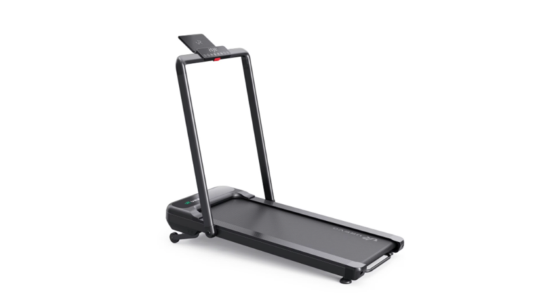 A black walking pad with bars and a stand that displays metrics.