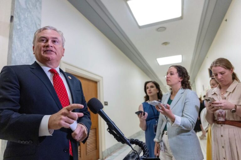 Rep. Comer speaks to the media as he arrives to a closed-door hearing related to the committee's investigation into Jeffrey Epstein, on July 15.