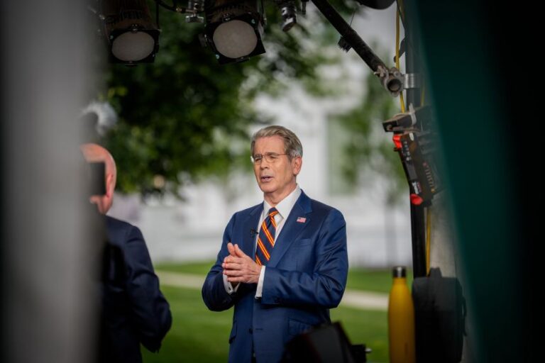 Treasury Secretary Scott Bessent speaks during a television interview on the North Lawn of the White House on July 30, 2026.
