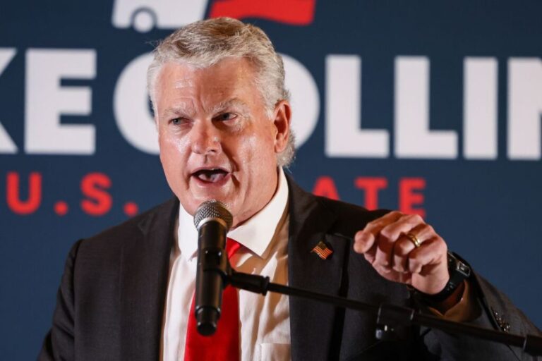 Mike Collins speaks during an election-night watch party in Jackson, Georgia, on June 16.