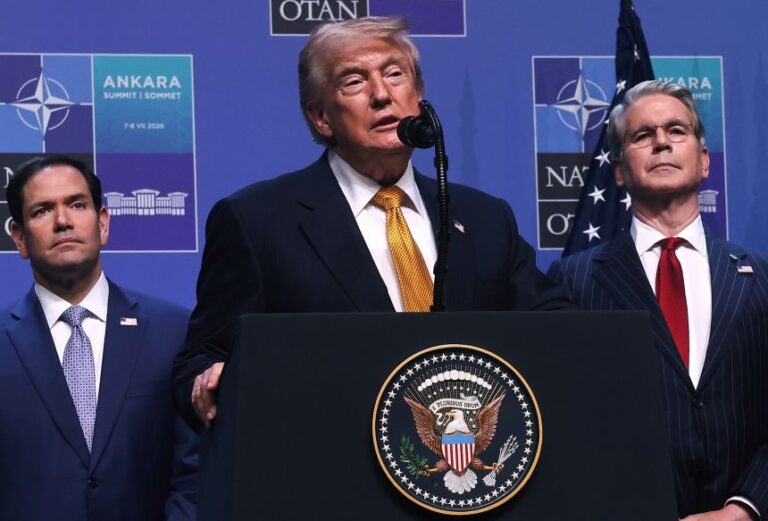 President Donald Trump holds a press conference during the NATO Summit in Ankara, Turkey, on July 8. Behind him stand Secretary of State Marco Rubio, left, and Treasury Secretary Scott Bessent.