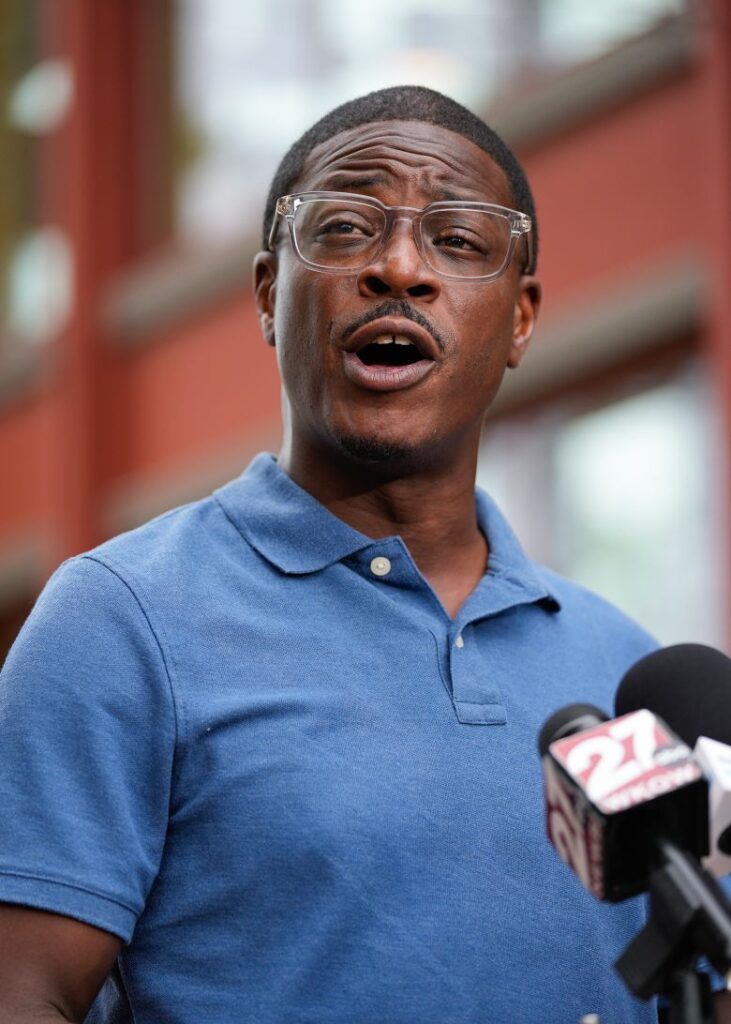 David Crowley speaks to reporters in Middleton, Wisconsin, on August 12.