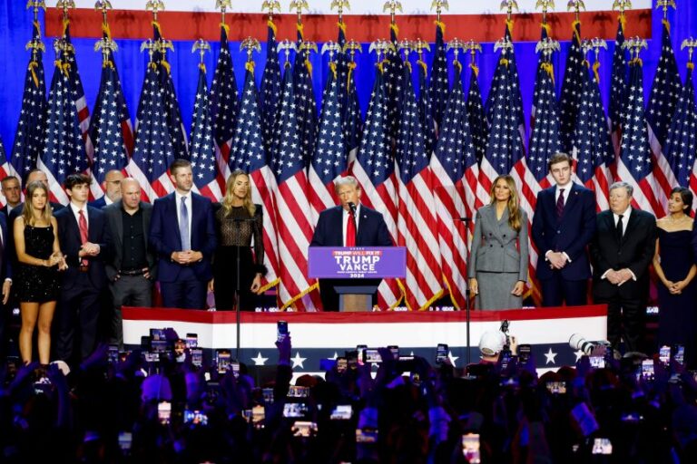 President Donald Trump, speaks during his election night event at the Palm Beach Convention Center in West Palm Beach, Florida on November 6, 2024.
