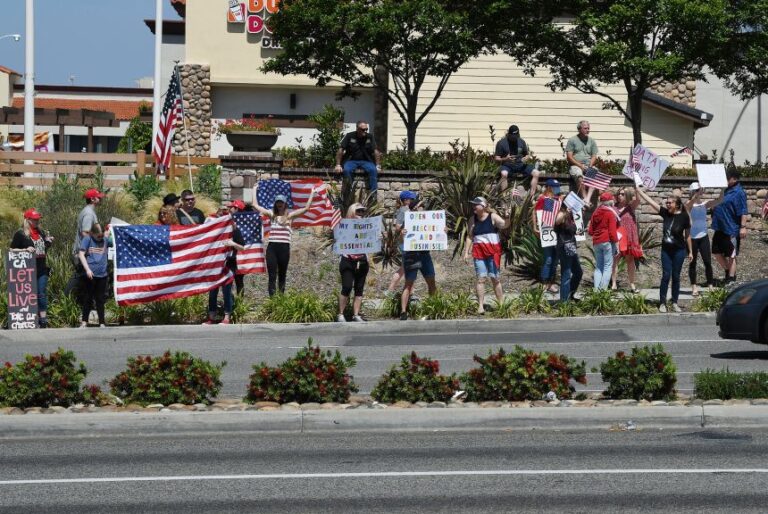 People protest the California state Covid-19 lockdown in Lake Forest, California, on May 2, 2020.