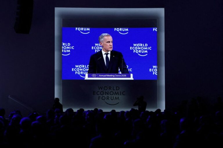 Canada's Prime Minister Mark Carney appears on a screen as he speaks during the 56th annual World Economic Forum (WEF) meeting in Davos in January.