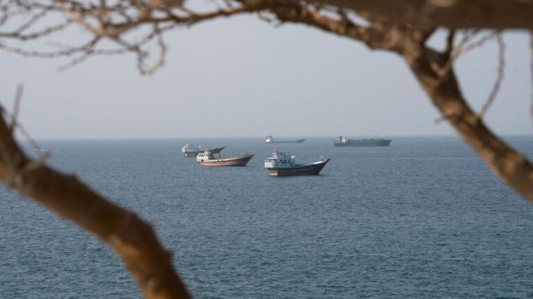 Vessels near the Strait of Hormuz, as seen from Musandam, Oman, on Monday.