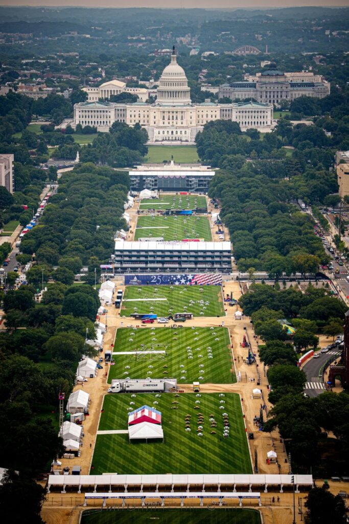 The US Capitol Building is visible behind viewing stands on the National Mall for the Freedom 250 Grand Prix on August 20, 2026 in Washington, DC.